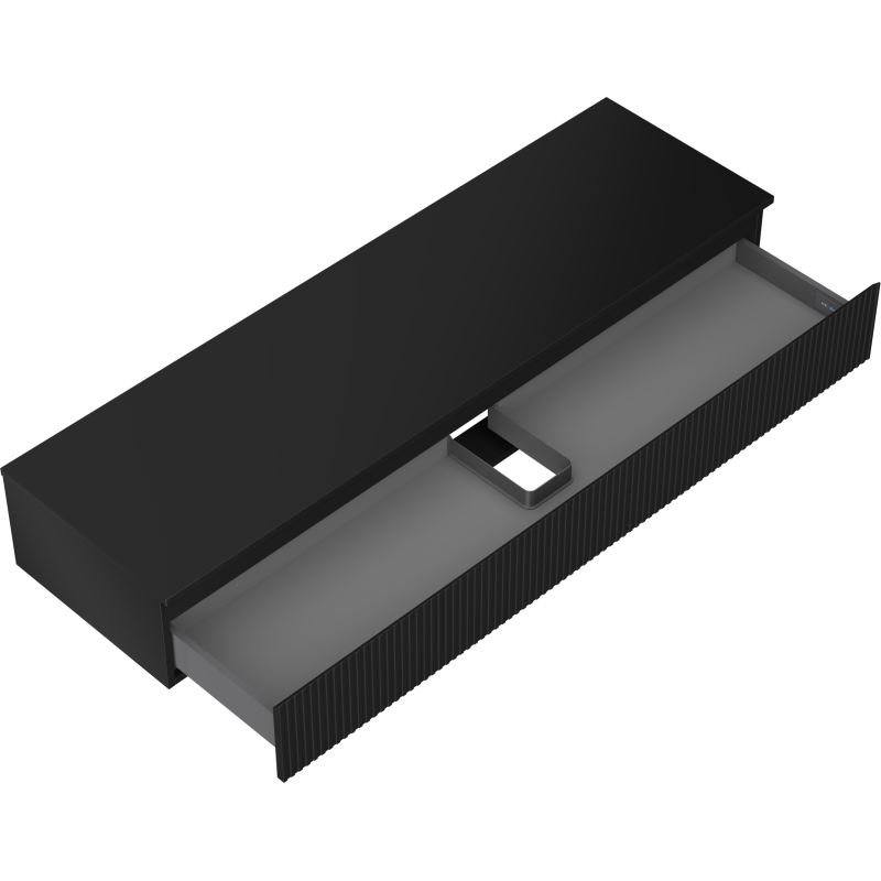 Servantskap uten vask svart matt Mexen Rivel 160 cm med åpen skuff og integrert boks, sett skrått ovenfra.
