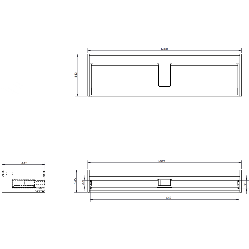 Servantskap til bad teknisk tegning av grafitt matt servantskap 160 cm med riflet front og mål.