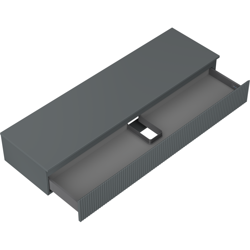 Servantskap uten vask 160 cm grafitt matt med åpen rillet skuff og romdeler, sett fra skrå vinkel.