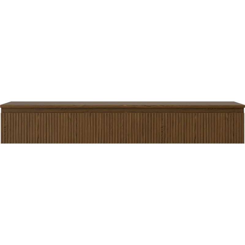 Underskap til servant i valnøtt med riflet front og én skuff, sett forfra mot hvit bakgrunn.