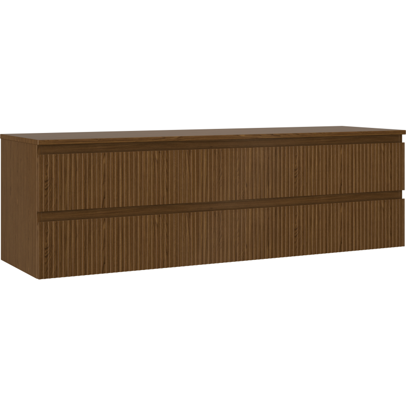 Servantskap 160 cm Mexen Rivel i valnøtt med tre skuffer og vertikale riller sett forfra i vinkel.