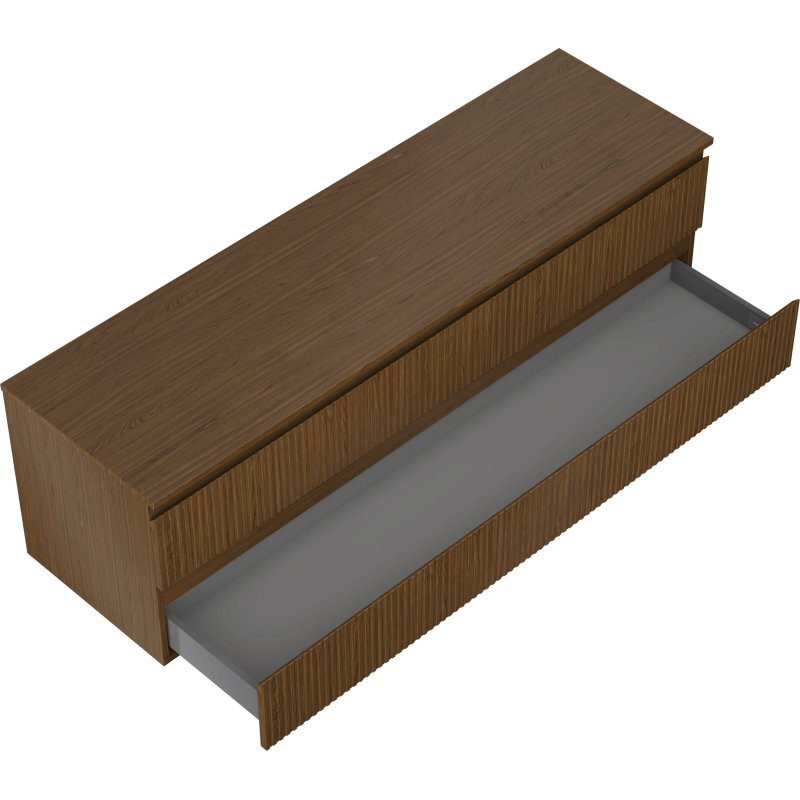 Servantskap til bad i valnøtt med to skuffer, én bred skuff trukket ut og lysegrå innside synlig.