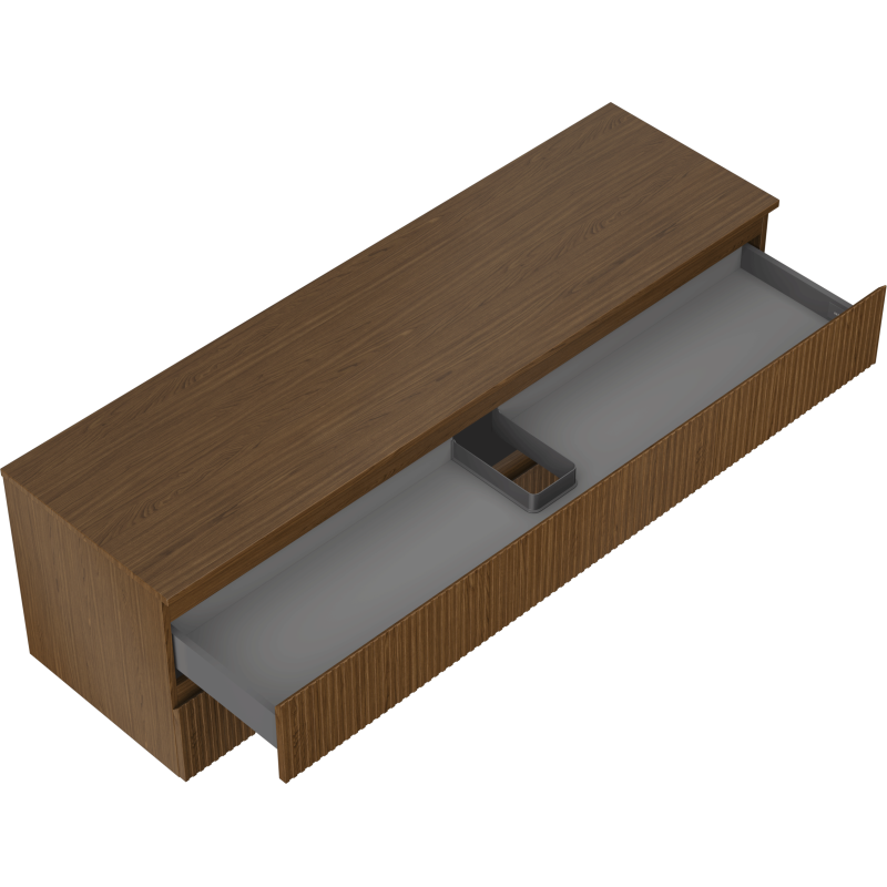 Servantskap uten vask 160 cm Mexen Rivel i valnøtt med åpen grå skuff og liten inndelt boks.