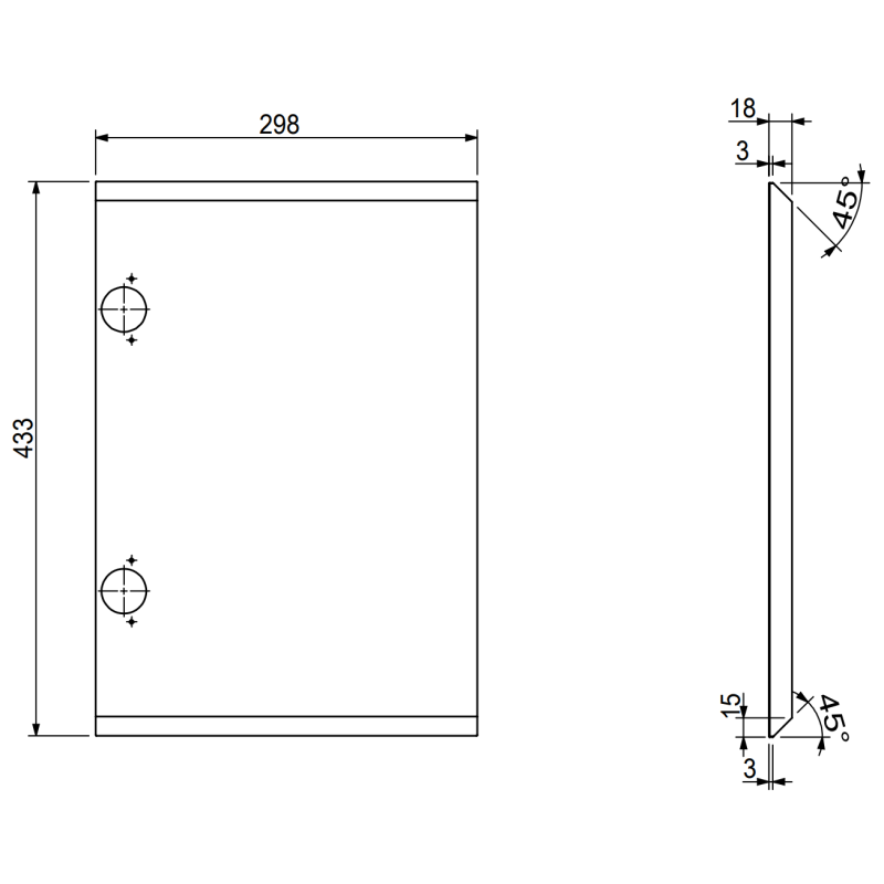 Servantskap teknisk tegning av 30 cm hvit matt panel med riflet front, mål og hullplasseringer vises.