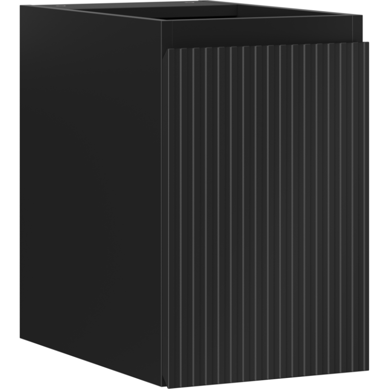 Servantskap 30 cm svart matt med riflet front og én dør, sett skrått forfra.