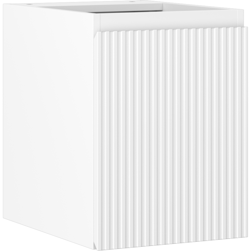 Servantskap 35 cm hvit matt med riflet front sett fra skrå vinkel, åpen topp uten plate.