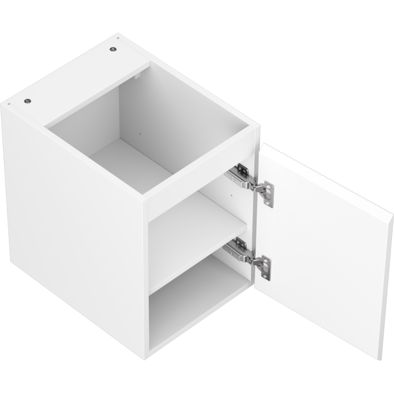 Servantskap uten vask hvit matt 35 cm med åpen dør, én hylle og synlige metallhengsler.