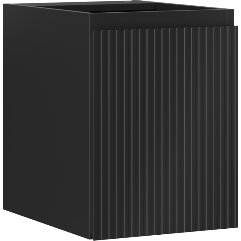 Servantskap 35 cm svart matt med vertikale rifler, sett skrått forfra.