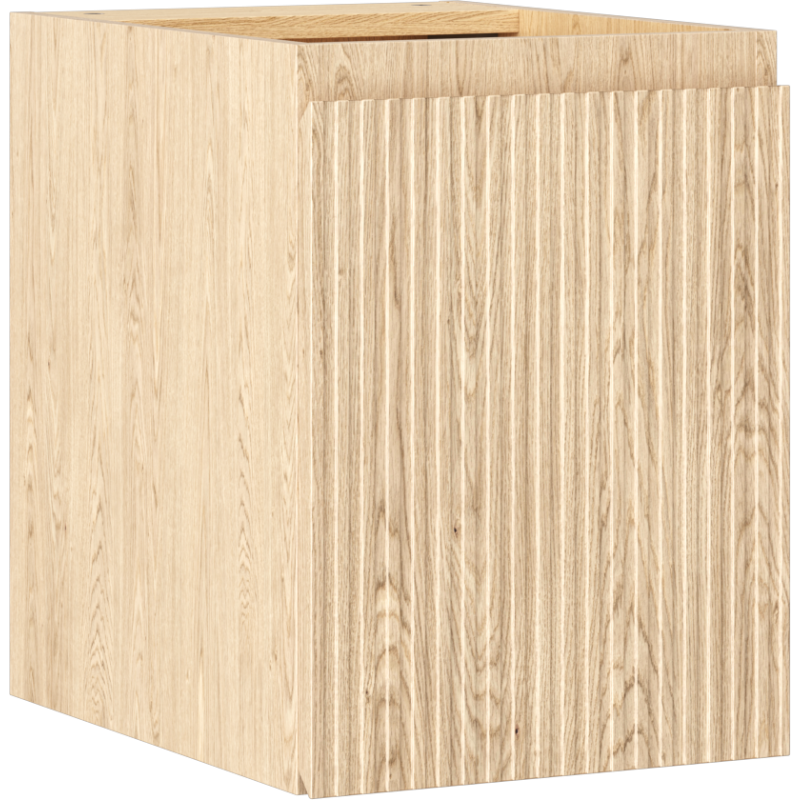 Servantskap 35 cm i eik med riflet front og én dør, sett fra skrå vinkel.