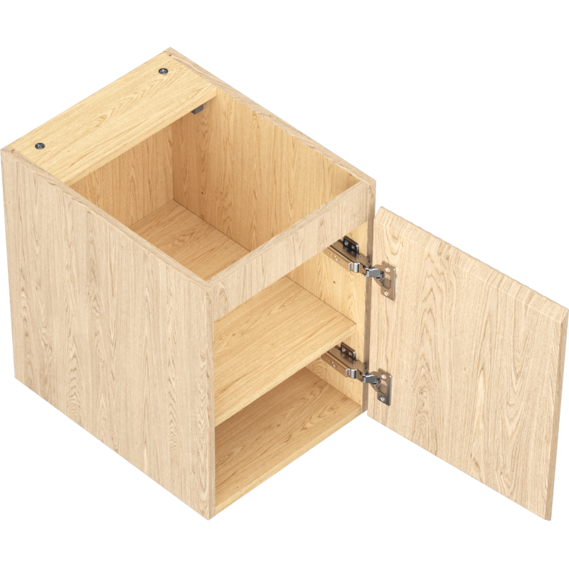 Servantskap uten vask 35 cm i eik med riflet front og én dør, sett skrått ovenfra.