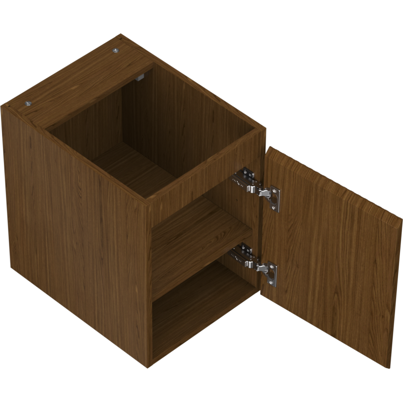 Servantskap uten vask i valnøtt med riflet front, åpen dør og synlige metallhengsler.