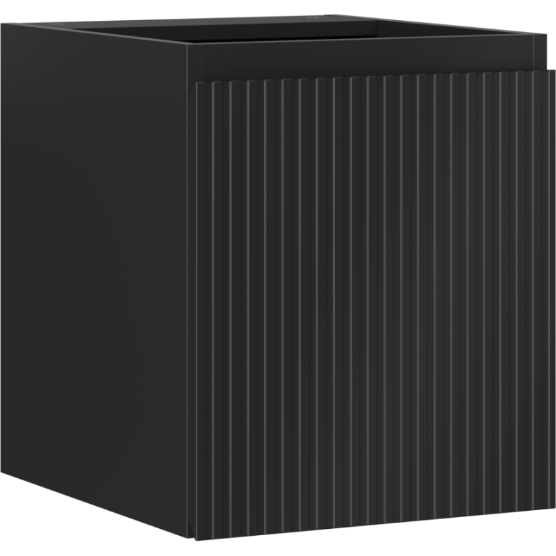 Servantskap 40 cm svart matt med rillet front, vist fra skrått sideperspektiv.