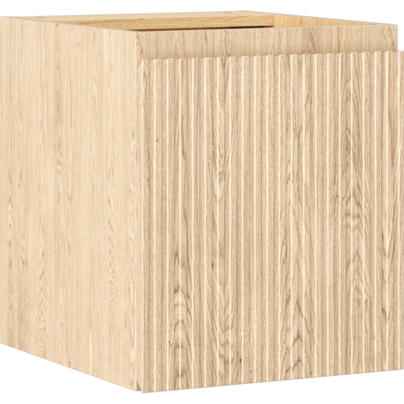 Servantskap 40 cm i eik med riflet front og synlig trestruktur, sett fra skrå vinkel.