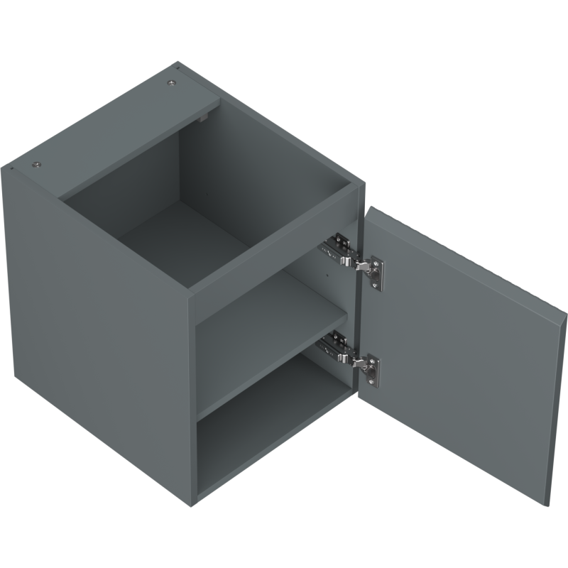 Servantskap uten vask grafitt matt 40 cm med åpen dør, innvendig hylle og synlige hengsler.