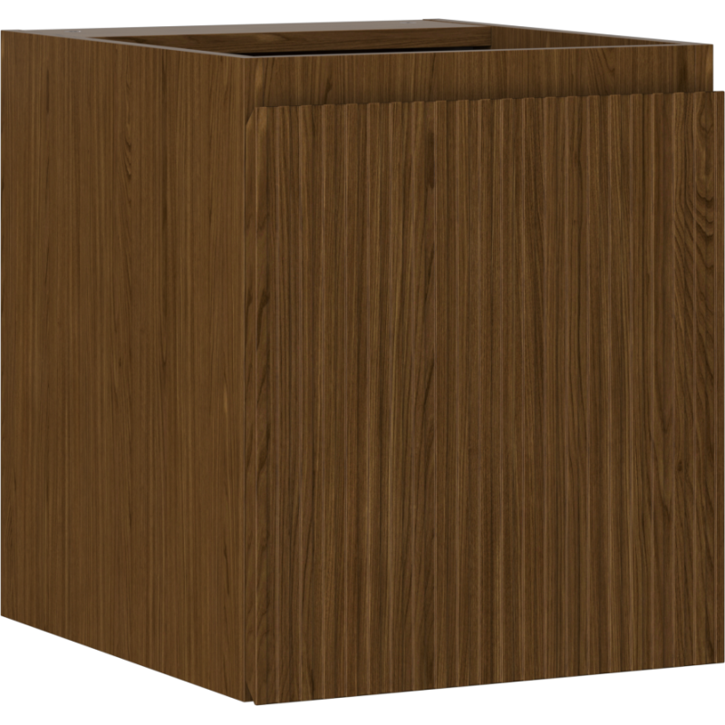 Servantskap 40 cm i valnøtt med riflet front og skjult håndtak, sett fra skrå vinkel.