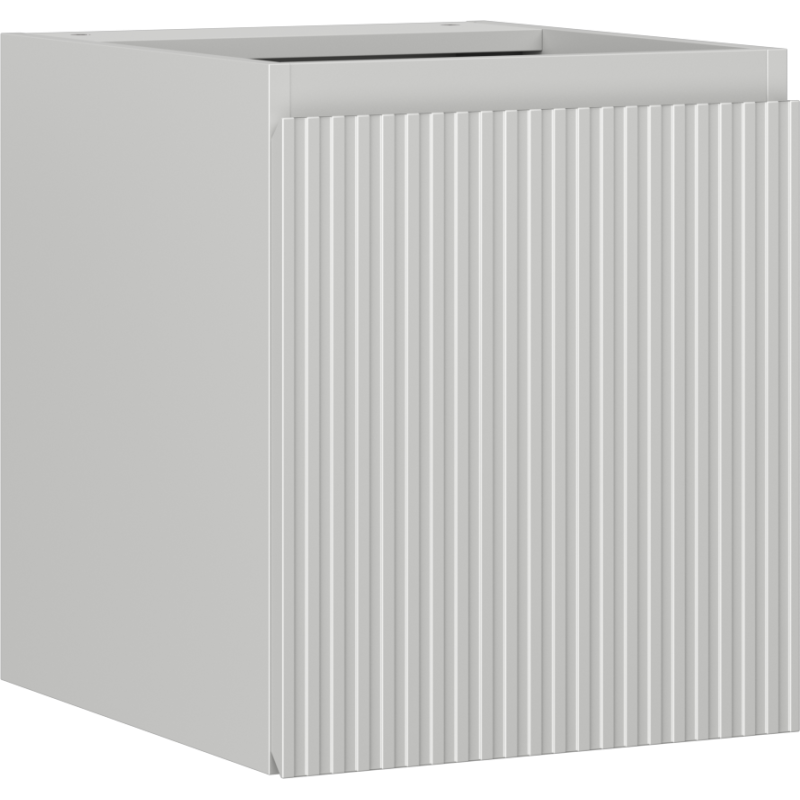 Servantskap 40 cm grå matt med riflet front og én dør, sett fra skrå vinkel.