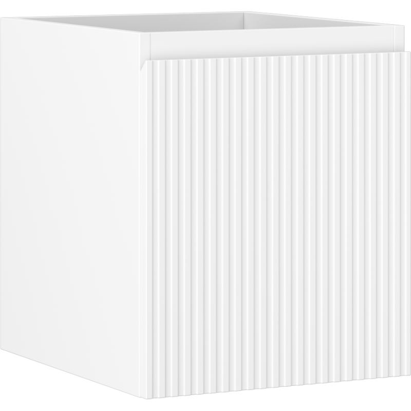 Servantskap 40 cm hvit matt med riflet front og glatt side, sett fra skrå vinkel.