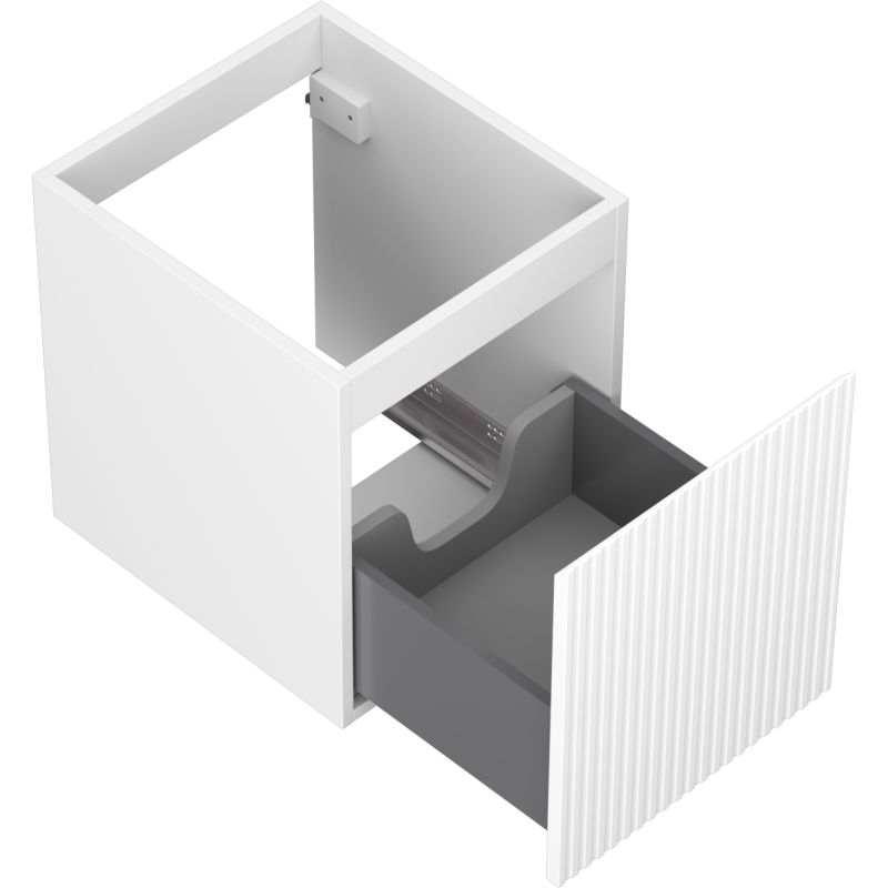 Servantskap uten vask 40 cm hvit matt med riflet front og åpen mørk grå skuff, sett fra hjørne ovenfra.