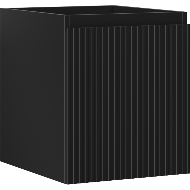 Servantskap 40 cm svart matt med riflet front og én skuff, sett i skrå vinkel.