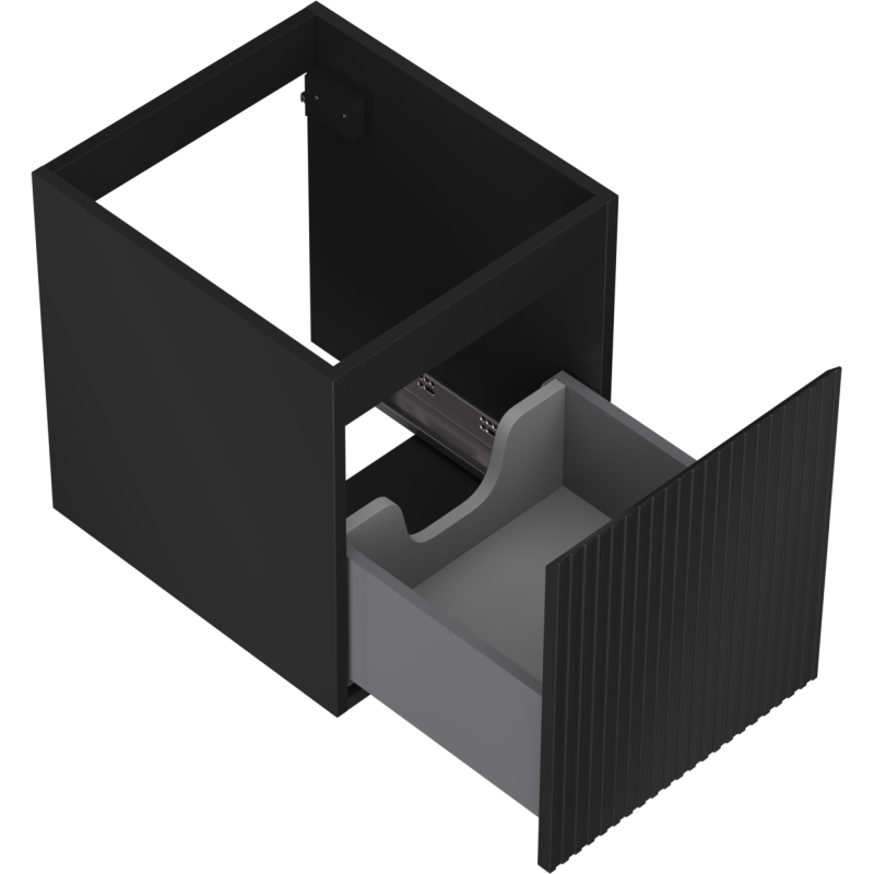 Servantskap uten vask svart matt baderomsskap med riflet front og grå skuff trukket ut, sett ovenfra.