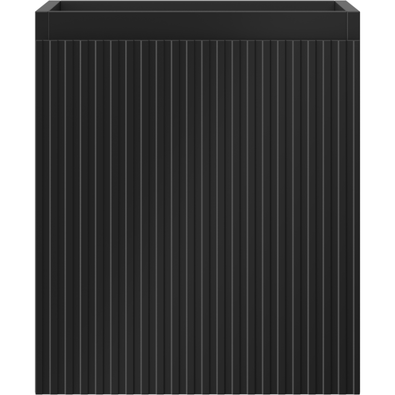 Underskap til servant i svart matt metall med riflet front, sett forfra, åpen toppkant delvis synlig.