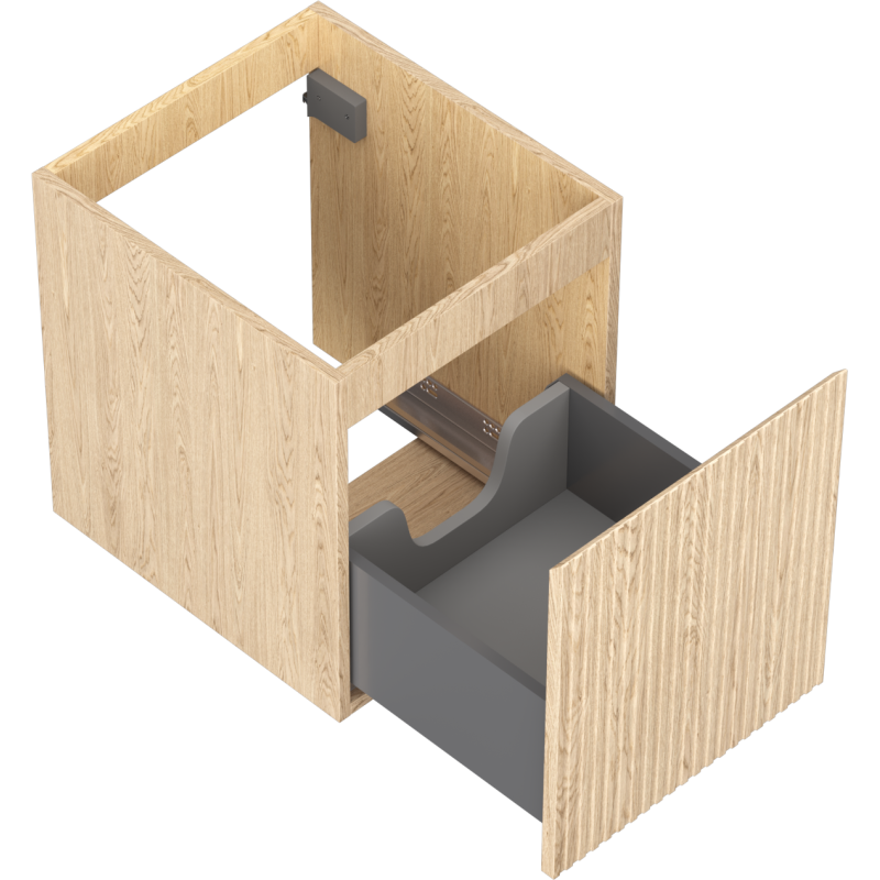 Servantskap uten vask i lyst eik med én grå skuff trukket ut og riflet front, sett fra skrå vinkel.