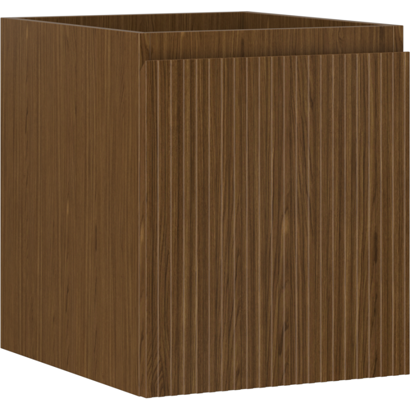 Servantskap 40 cm i valnøtt med riflet front og glatt side, sett fra hjørnet.