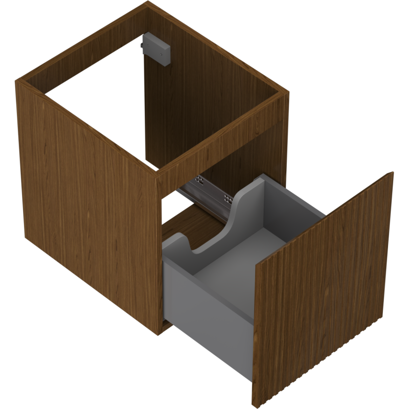 Servantskap uten vask i valnøtt, skrå overflatevisning med grå skuff og utsparing for rør.