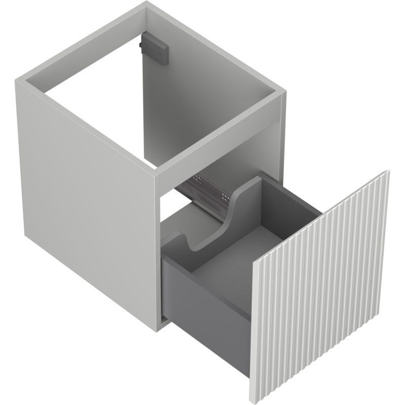Servantskap uten vask i lys grå matt finish med åpen skuff og riflet front, sett fra skrå vinkel.
