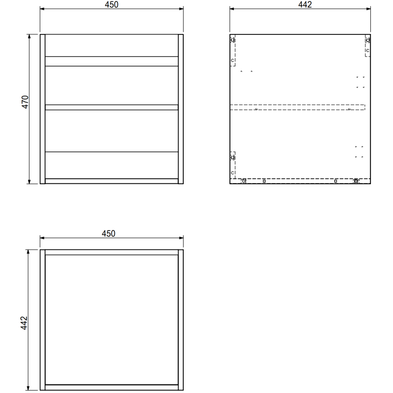 Servantskap til bad tegnetekning med mål, tre åpne hyller, vises forfra, fra siden og ovenfra.
