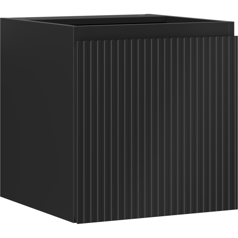 Servantskap 45 cm svart matt med riflet front og én dør, sett fra skrå vinkel.