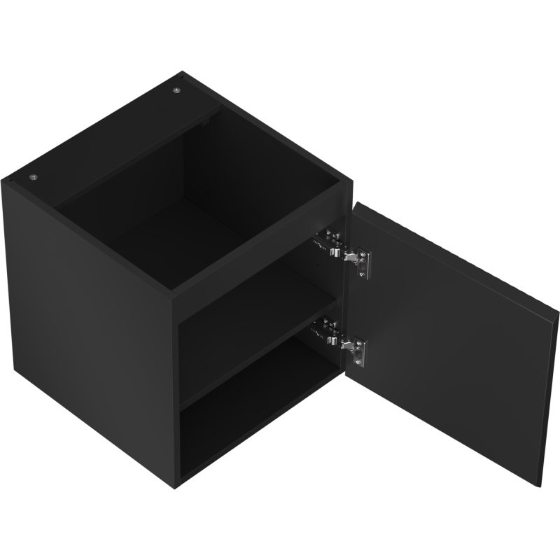 Servantskap uten vask i svart matt med riflet front, én dør og synlige metallhengsler, sett ovenfra.