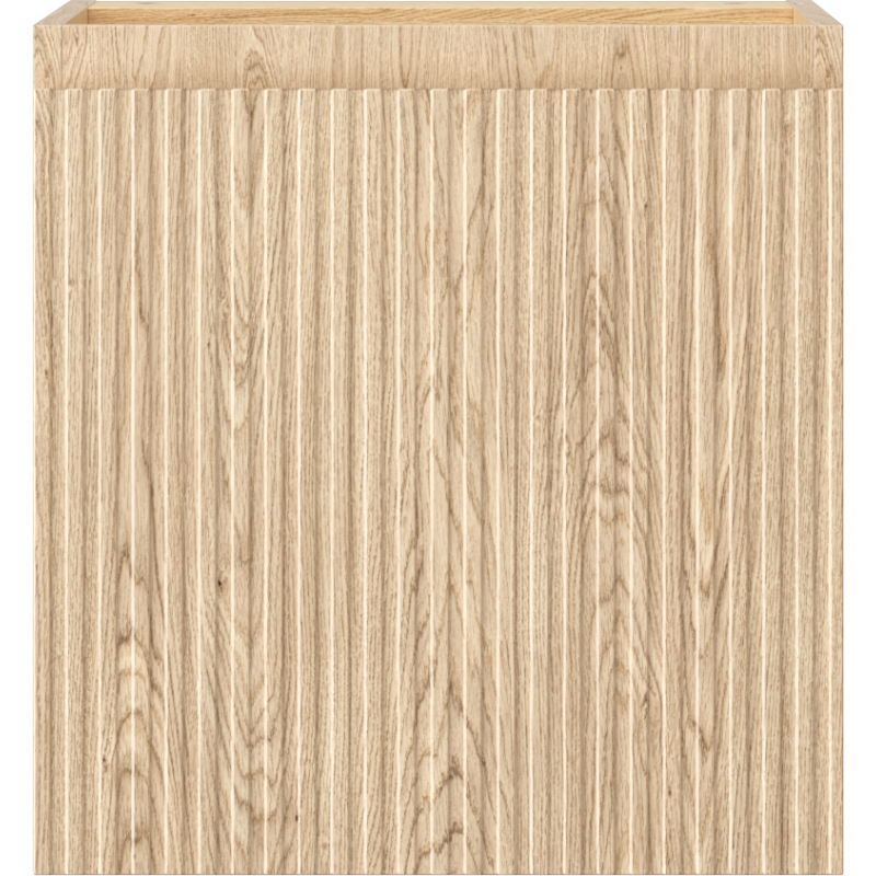 Underskap til servant i lys eik med riflet front, én dør og synlig trestruktur, sett forfra.