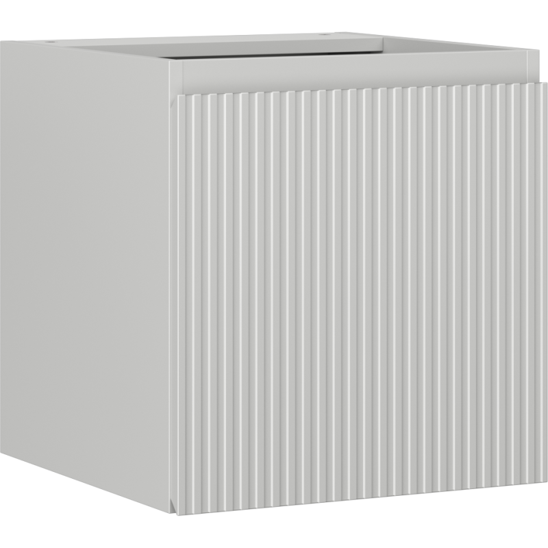 Servantskap 45 cm grå matt med riflet front og én dør, vist fra skrå vinkel.