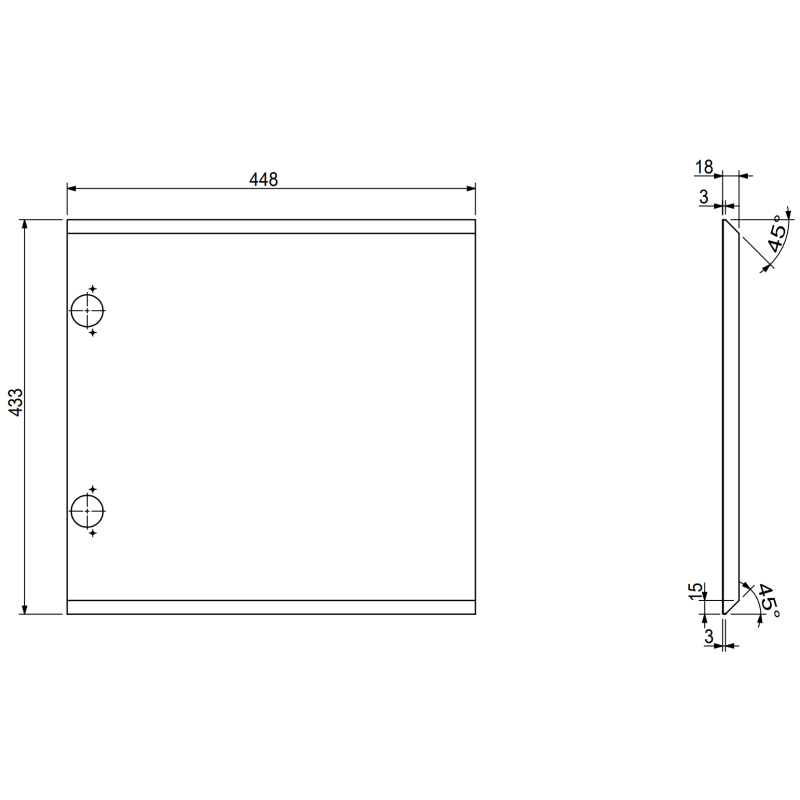 Servantskap teknisk tegning av grått panel med riflet front, mål og festehull, modell Mexen Rivel.