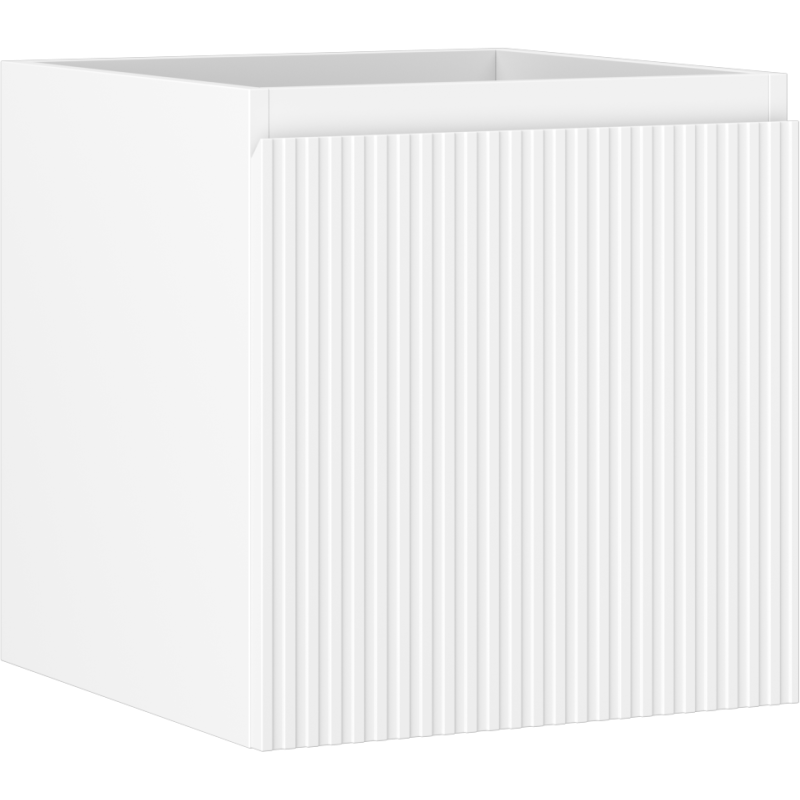 Servantskap 45 cm hvit matt med én skuff og riflet front, sett fra skrå vinkel.