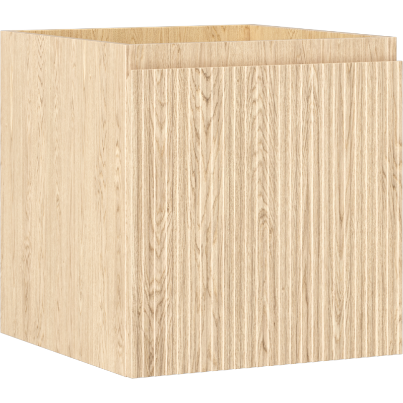 Servantskap 45 cm i lys eik med riflet front og én skuff, sett fra hjørne.