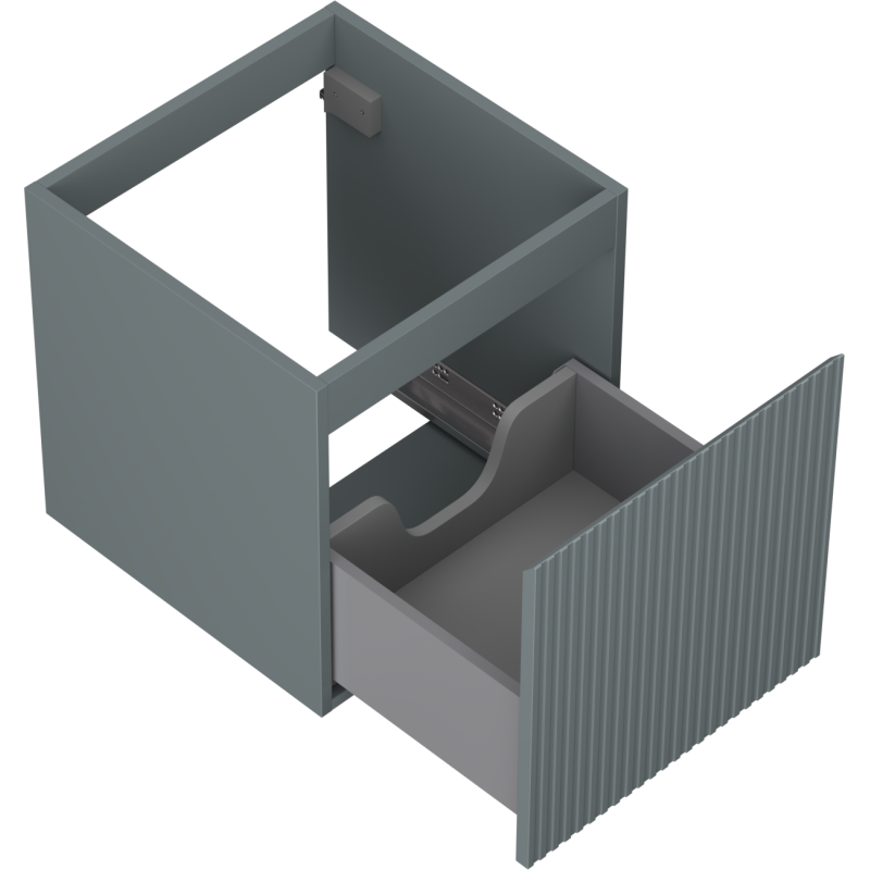 Servantskap uten vask 45 cm grafitt matt med én skuff og riflet frontpanel, skuff delvis åpen.