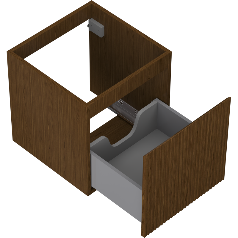 Servantskap uten vask i valnøtt, 45 cm, med riflet front og grå skuff sett fra skrå vinkel.
