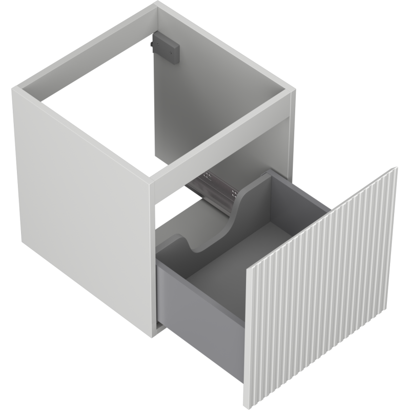 Servantskap uten vask 45 cm grå matt med én uttrekt skuff og riflet front, sett skrått ovenfra.
