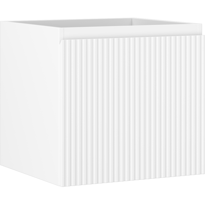 Servantskap 50 cm hvit matt med riflet front og glatte, matte sideflater sett fra hjørne.