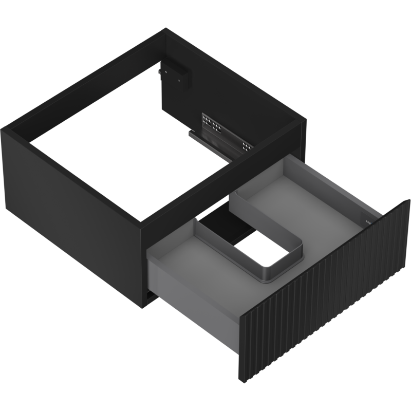 Servantskap uten vask 50 cm svart matt med én skuff og riflet front, delvis åpen skuff med inndeling.