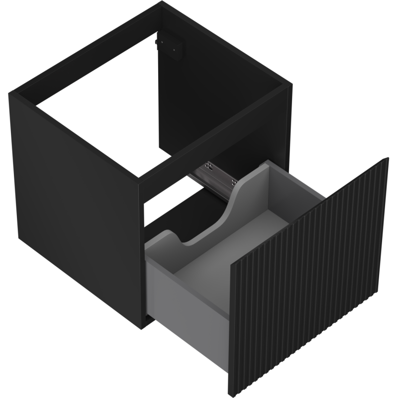 Servantskap uten vask svart matt Mexen Rivel med åpen grå innerskuff og riflet frontpanel.