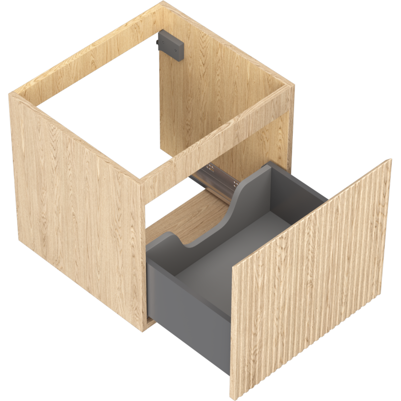Servantskap uten vask i lys eik med åpen grå skuff og riflet front, sett skrått ovenfra.