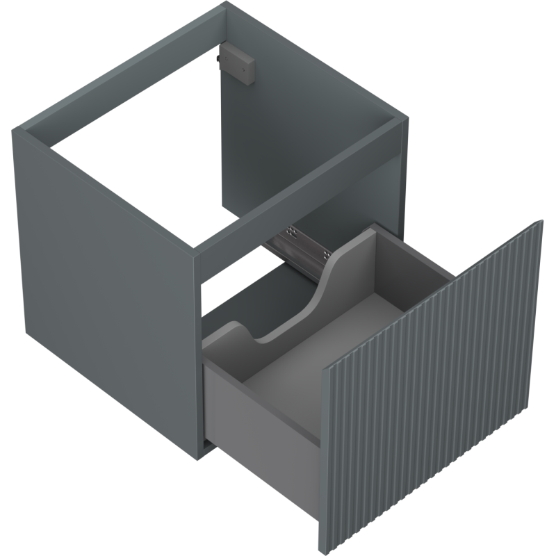 Servantskap uten vask 50 cm grafitt matt med riflet front, skuff trukket ut og buet innvendig utsparing.