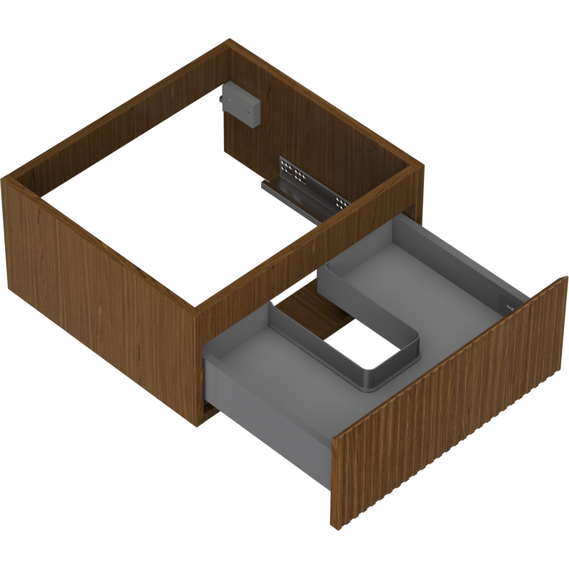 Servantskap uten vask 50 cm valnøtt med én grå U-formet skuff trukket ut og riflet front.