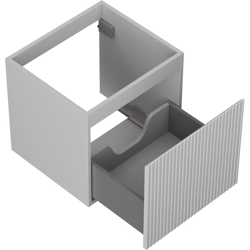 Servantskap uten vask grå Mexen Rivel 50 cm med riflet front, én åpen skuff og synlige seksjonsdeler.