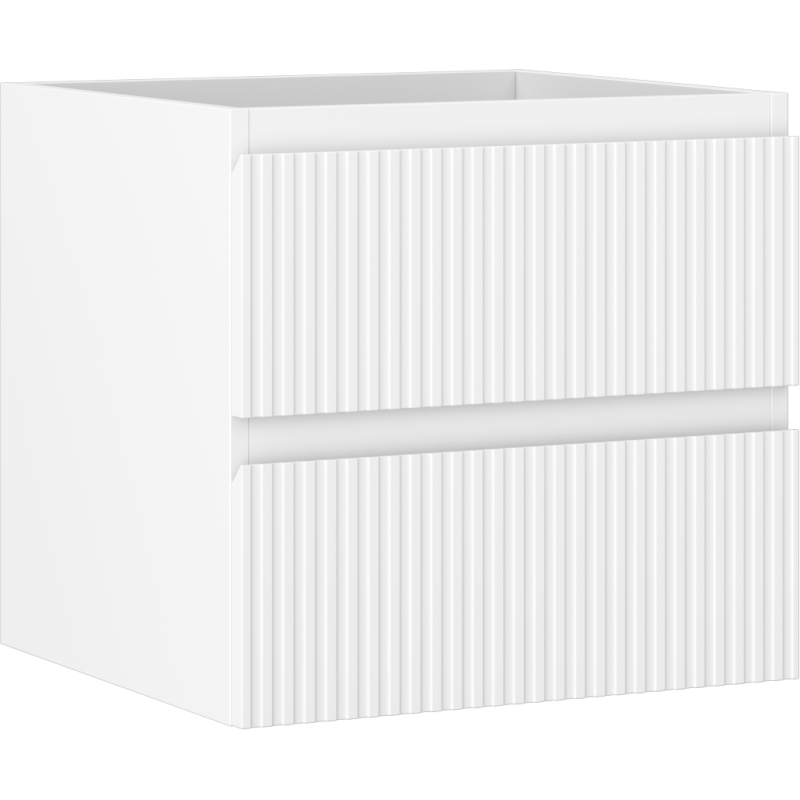 Servantskap 50 cm hvit matt med to skuffer og riflet front, sett fra skrå vinkel.