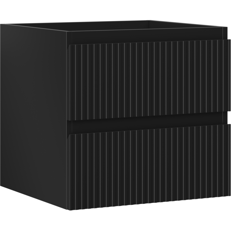 Servantskap 50 cm svart matt med to skuffer og vertikale riller, sett fra skrå vinkel.