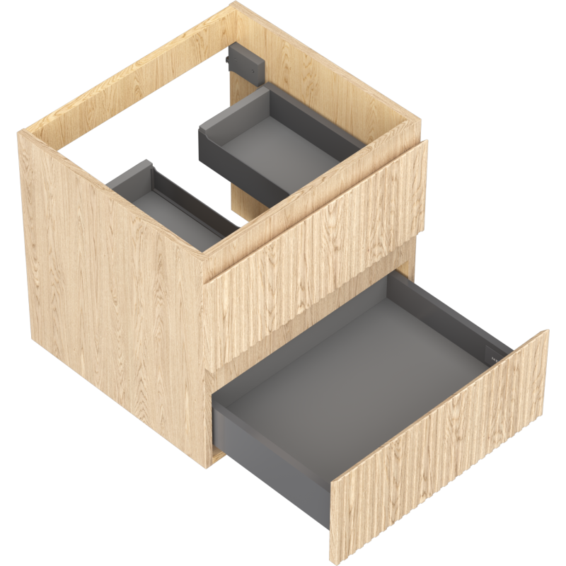 Servantskap til bad i eik med to grå skuffer, sett ovenfra med nederste skuff helt åpen.